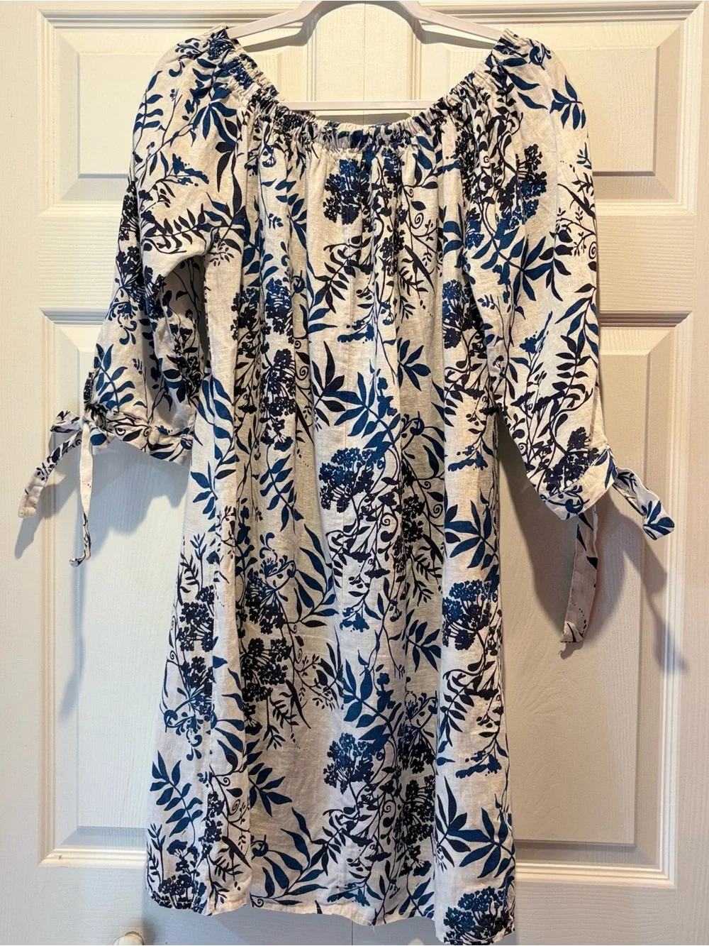 Valentina Naldi Blue White Floral Off-Shoulder Shift Dress Ties Linen Coastal L